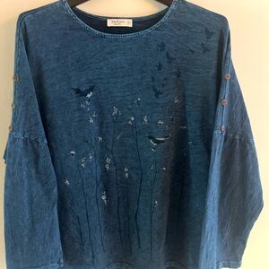 Jess & Jane Tunic Top Womens Bird Prints 1X Blue Made in USA Long Sleeves Slits